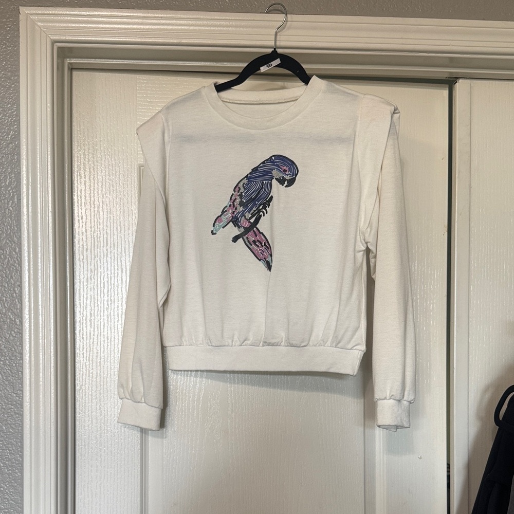 SHEIN White Sweater with Colorful Parrot Design